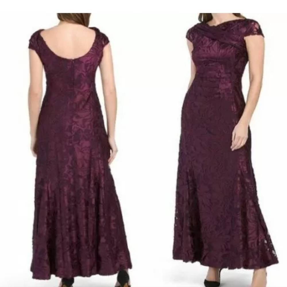 Tahari Velvet Burnout Side-Ruched Drape Neck Cap Sleeves A-Line Gown 6 $258 NWT - Picture 2 of 4